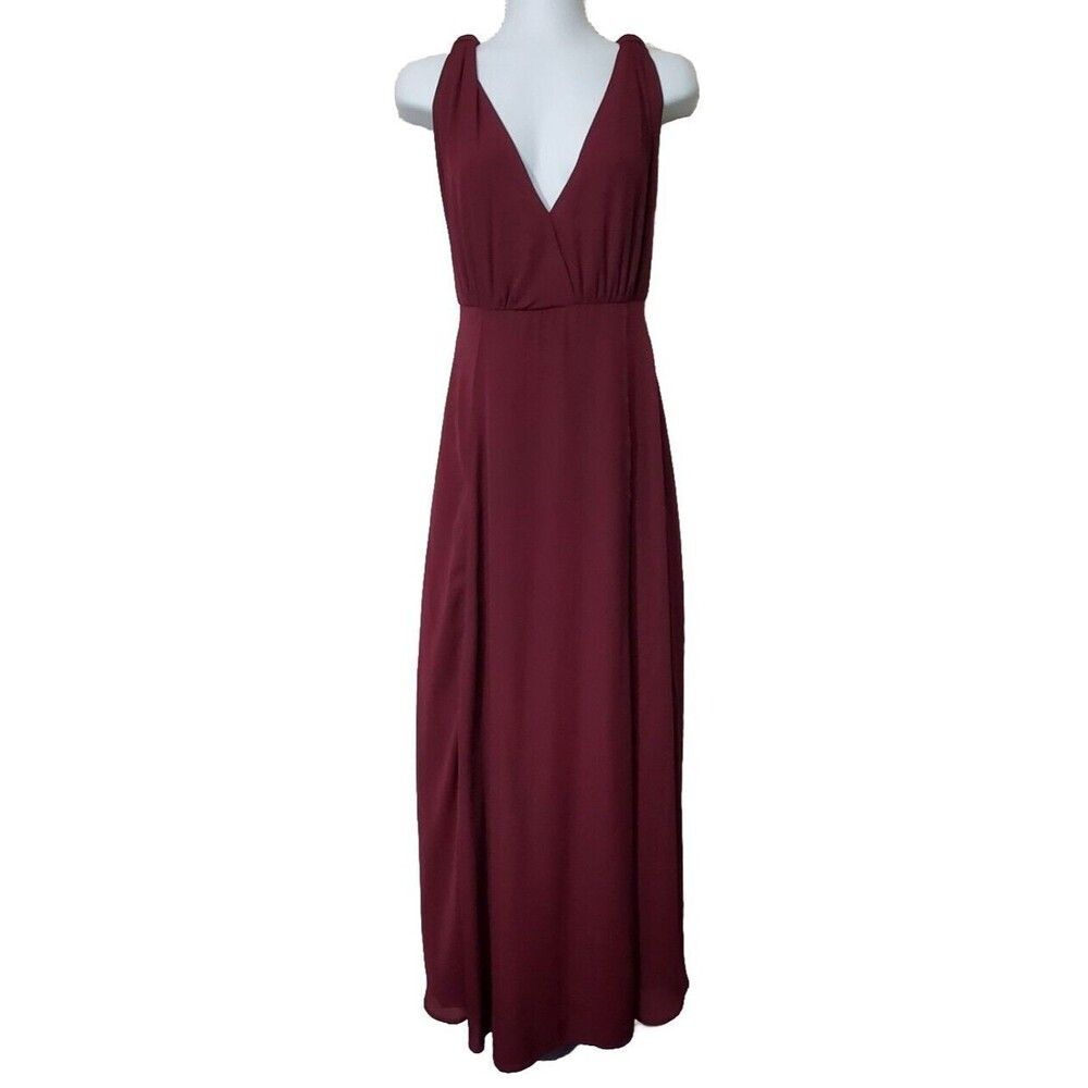 Lulus Dress Womens Small Maxi Burgundy Chiffon Knot Shoulders Long Surplice